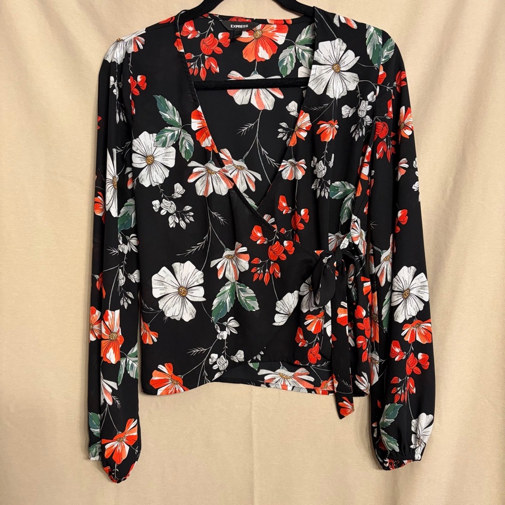 Express XS Black Floral Wrap Blouse with Red and White Accents
